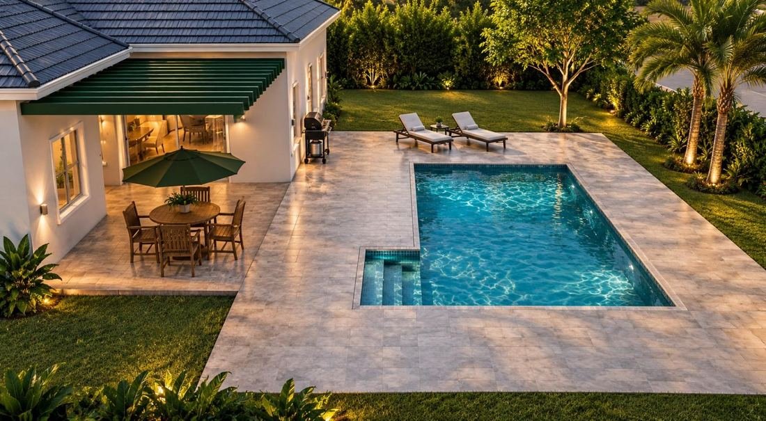 Modern pool deck with travertine pavers and evening lighting