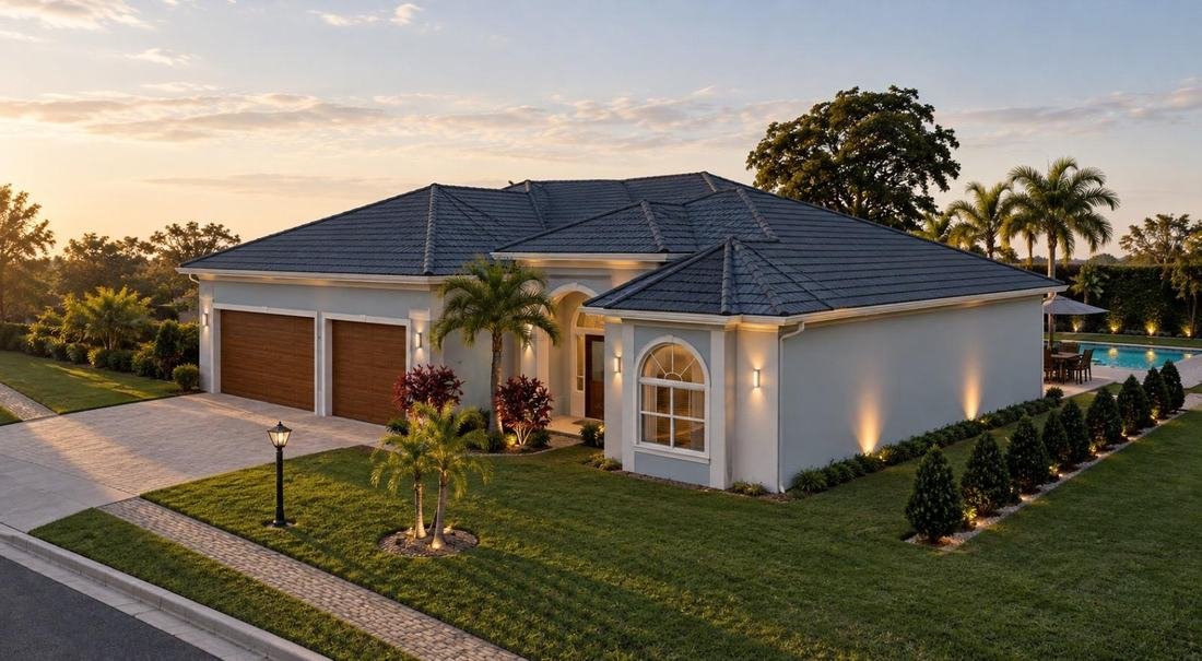 Front exterior of a home with pool visible in the backyard