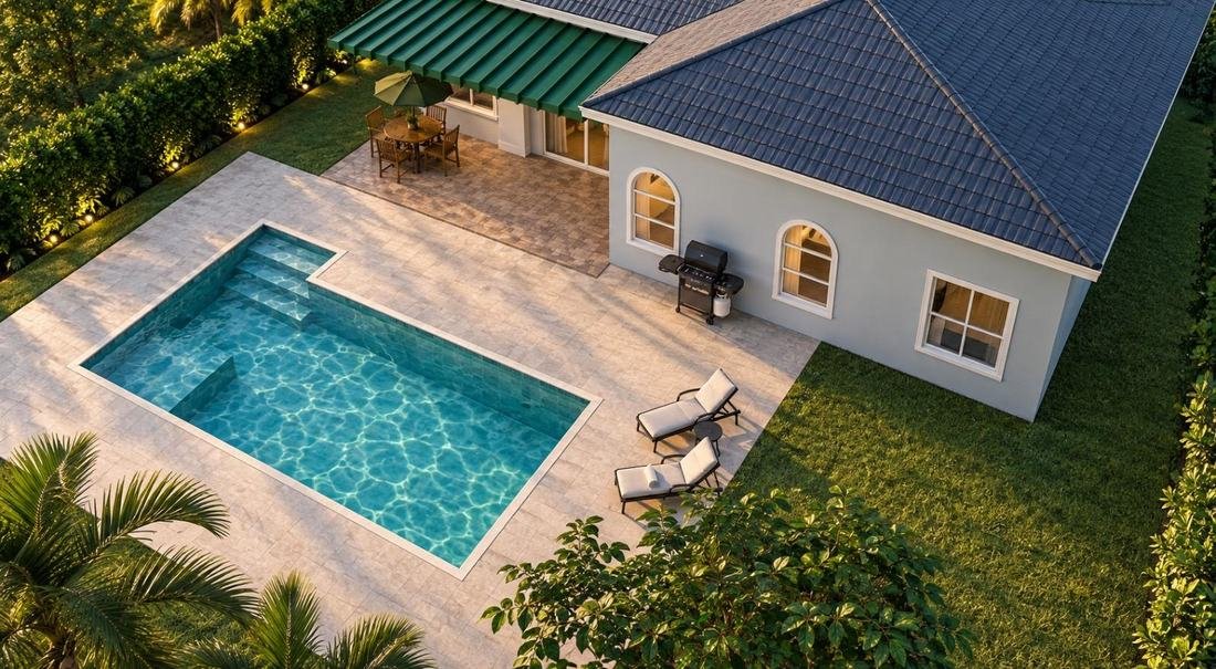 Aerial view of a backyard pool and covered patio