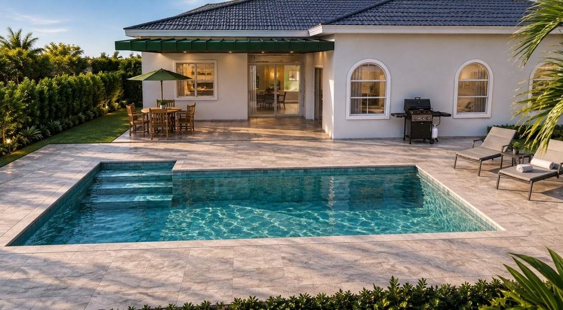 Wide view of a backyard pool alongside the home