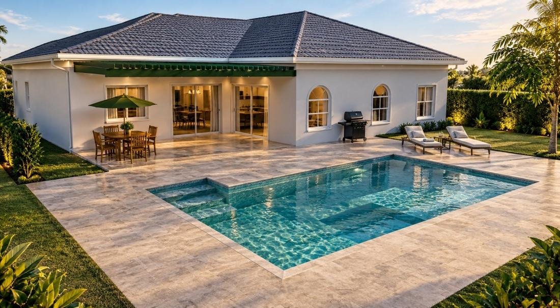 Backyard pool and patio viewed from the lawn