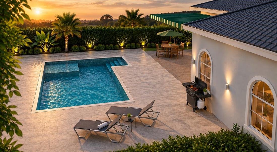 Backyard pool and patio at sunset
